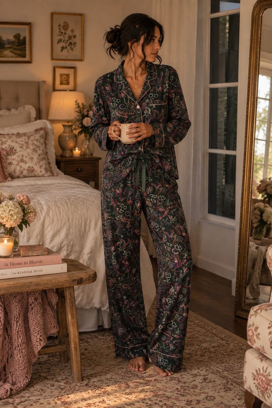 Roller Rabbit Silk Cotton Blend Green Pink Floral Pajama Set Size XXS